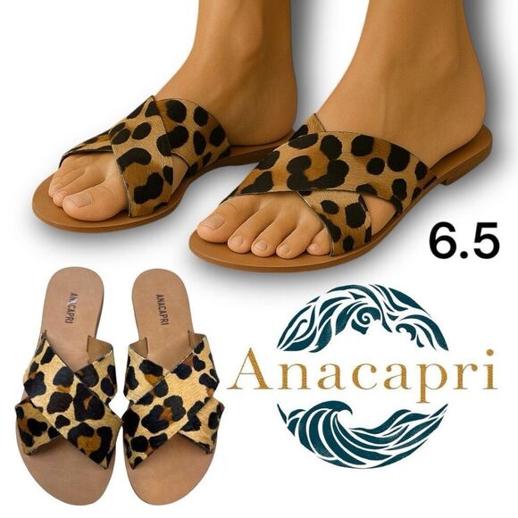 Anacapri Women's Animal Print Cross Strap Flat Sandal Brown & Black Size 6.5 - Picture 1 of 5